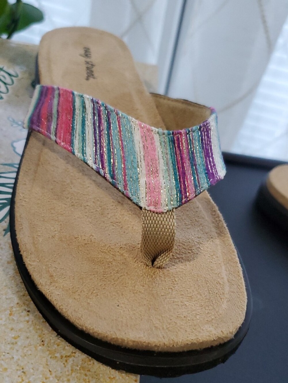 easy street Multicolor Striped Fabric Flip Flop Sandals